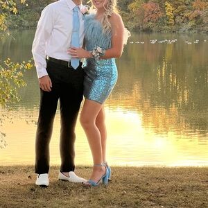 Sherri Hill Light Blue Dress with Feather Accents #55103